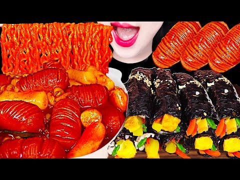 ASMR FRIED SAUSAGE, TTEOKBOKKI, KIMBAP <strong>꼬마</strong> <strong>김밥</strong>, 라볶이, 떡볶이 먹방 MUKBANG, EATING