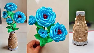 How to make Flower Vase with Plastic Bottle |Satin Ribbon Flowers