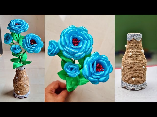 花瓶・フラワースタンド vintage * Portugal ribbon flower vase How to make Flower Vase with Plastic Bottle |Satin Ribbon Flowers