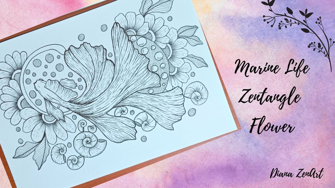 Ocean Fish Line Art / Zentangle Flower Art/ Sea Shell Drawing