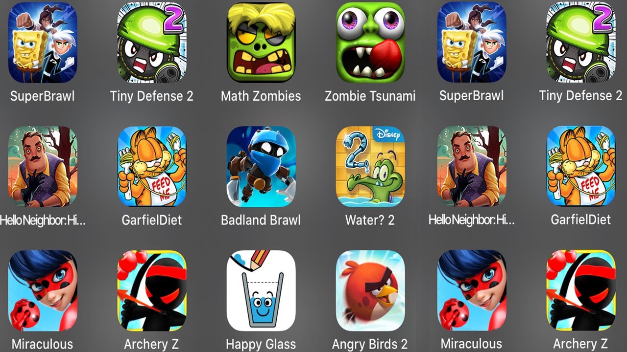 SuperBrawl, Tiny Defense 2, Math Zombies, Zombie Tsunami, Hello Neighbor, GarfielDiet, Badland Brawl