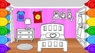ห้องนอนบ้านระบายสีและวาดรูปสำหรับเด็ก | วิธีการวาดหน้าห้องนอนบ้านระบายสี
