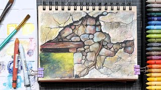 : Decaying Stone Wall in Watercolor Crayons (water-soluble wax pastels)