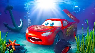 Drowned LIGHTNING MCQUEEN on the OCEAN FLOOR! Why was he scared? Sheriff and Mater help? Pixar Cars