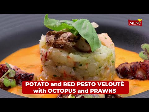 Potato and red pesto veloutè with octopus and prawns