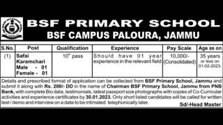 BSF PRIMARY SCHOOL PALOURA, JAMMU // 10TH PASS JOBS // SALARY 10,000