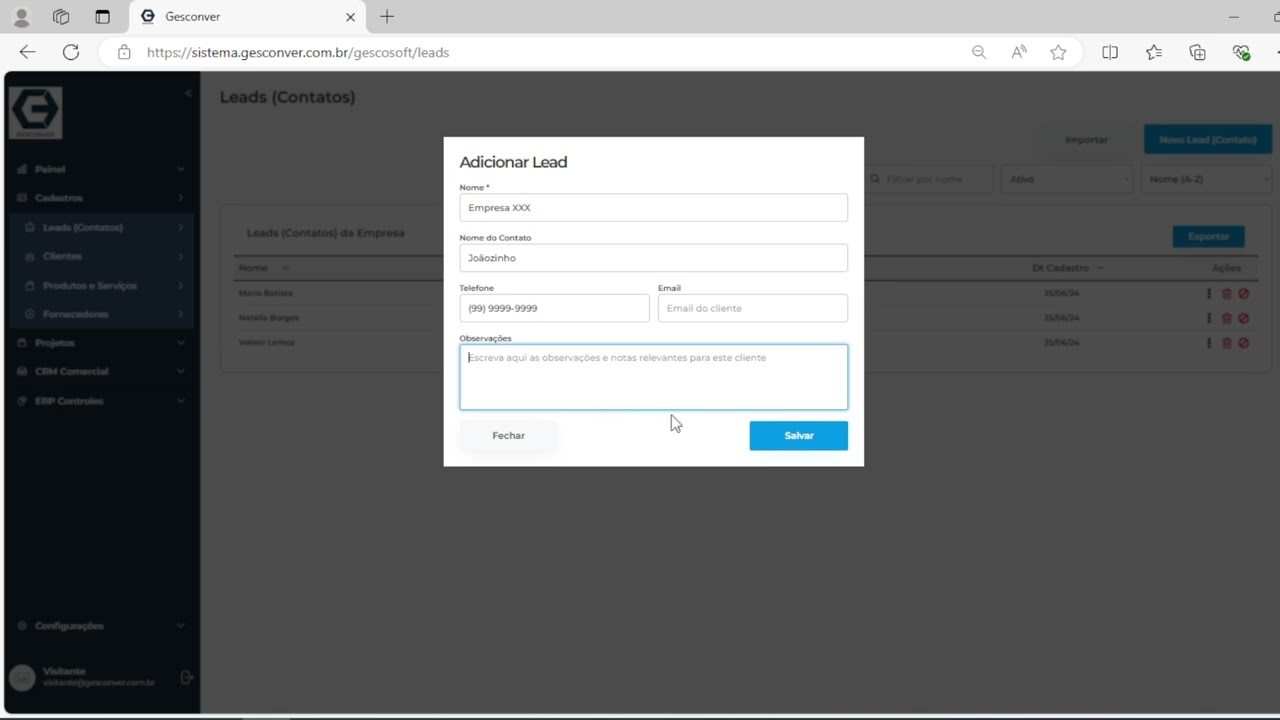 Cadastro Leads - Tutorial GescoSoft