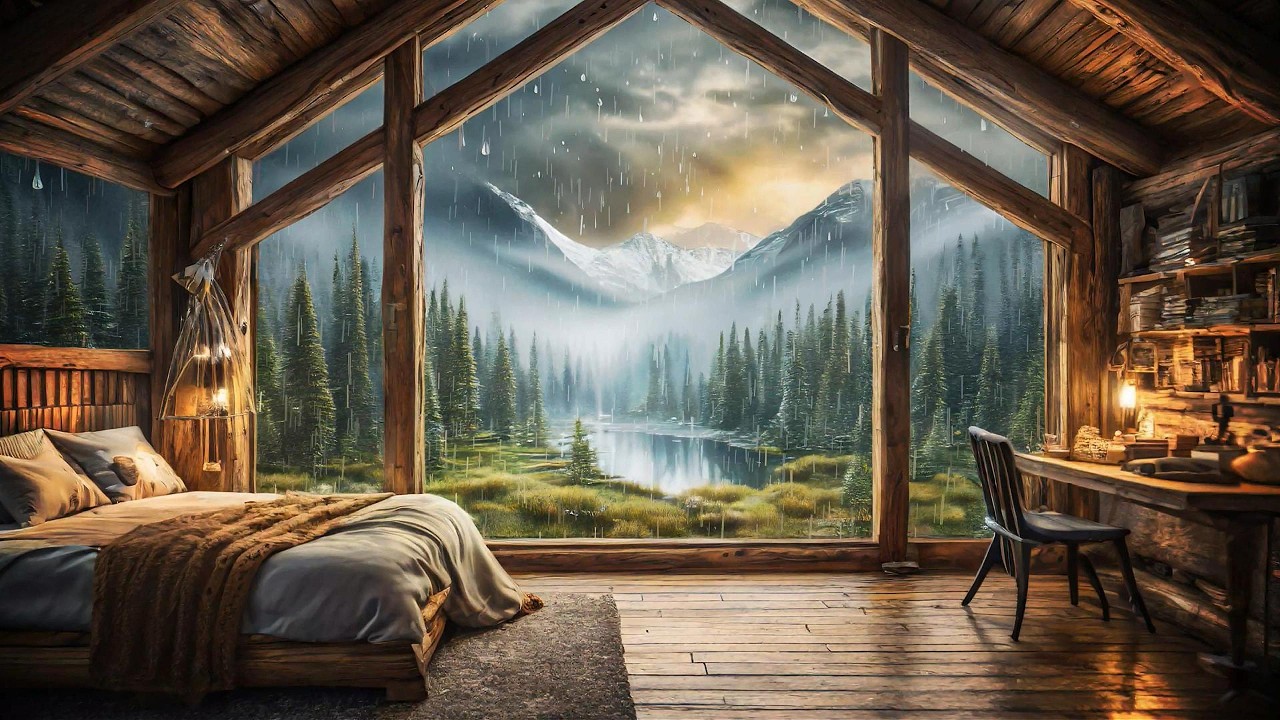 Rainy Evening in a Mountain Cabin | Lake & Forest Sleep Ambience
