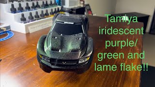 Rc painting Rustler 4x4 Tamiya ps-46 iridescent purple/green with ps-53 lame flake black backed