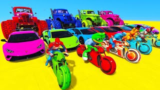 SPIDERMAN CARS MEGA Ramp Jump Challenge ! SUPERHERO HULK Monster Truck Trevor Friends Stunt - GTA V screenshot 2