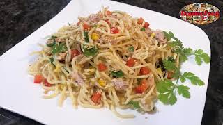 Spaghetti with tuna recipe وصفة السباغيتي مع التونة وجبة سريعة، مغذية وباردة