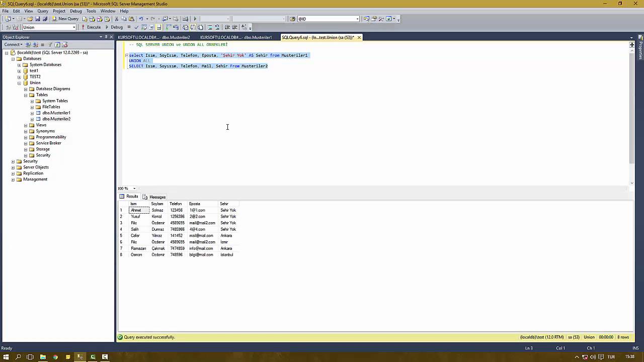 Ms sql dersler 3 sql server union ve union all rnekler youtube