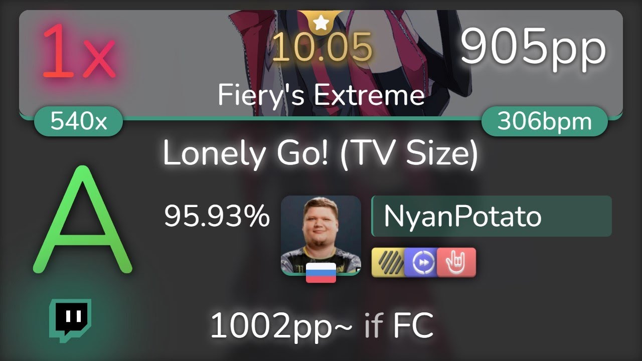 [10.05⭐Live] NyanPotato | Brian The Sun - Lonely Go! [Fiery's Extreme] +HDDTHR 95.93% {905pp 1❌}