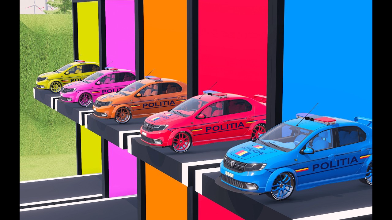 Colorfull Garage FS22 - 5 Colored Police Cars Pass Through Obstacles