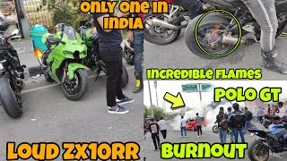 Loud zx10rr 🔥  flames on zx10r Burnout polo gt  😱😱 first time ride r15v4 😍😍...@knight_riders63