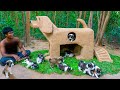 Build Mud Dog House For a Month Old Rescued Puppies In Dog Style