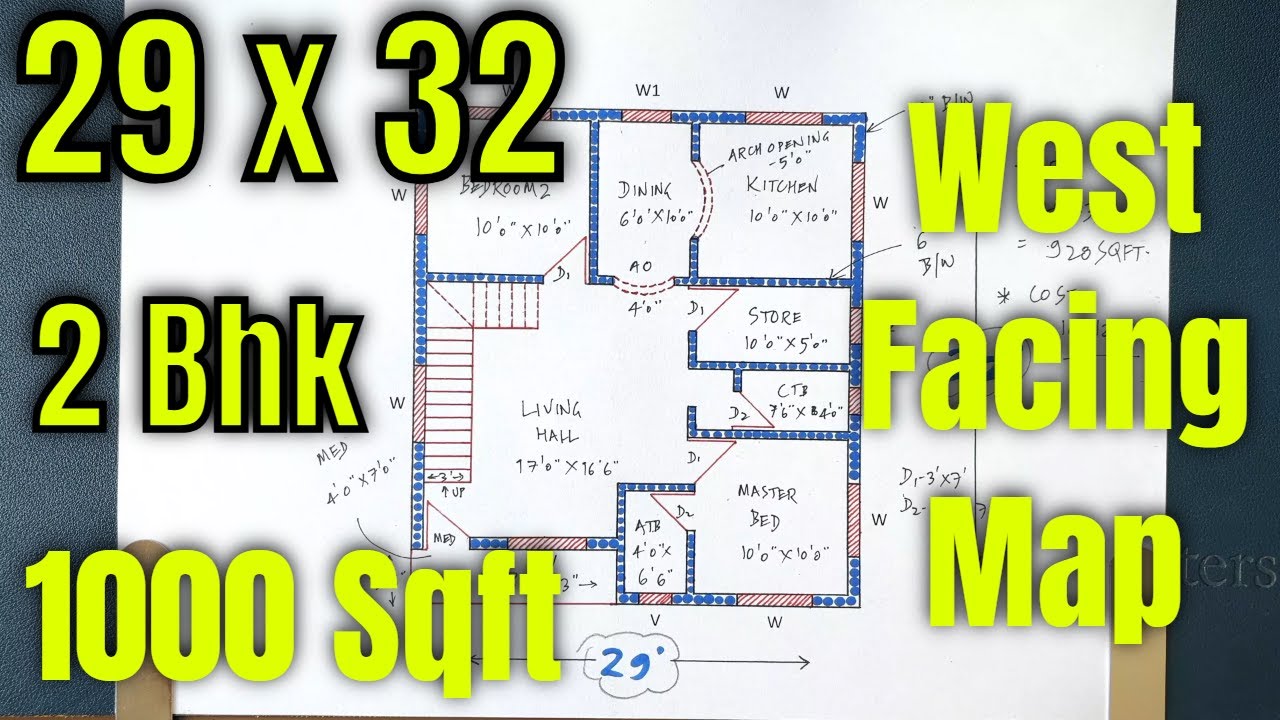 29x32 Floor Plan | 2BHK Ghar Ka Naksha | 1000 Sqft Floor Plan|  29x32 House Map | 29x32 Makan Naksha