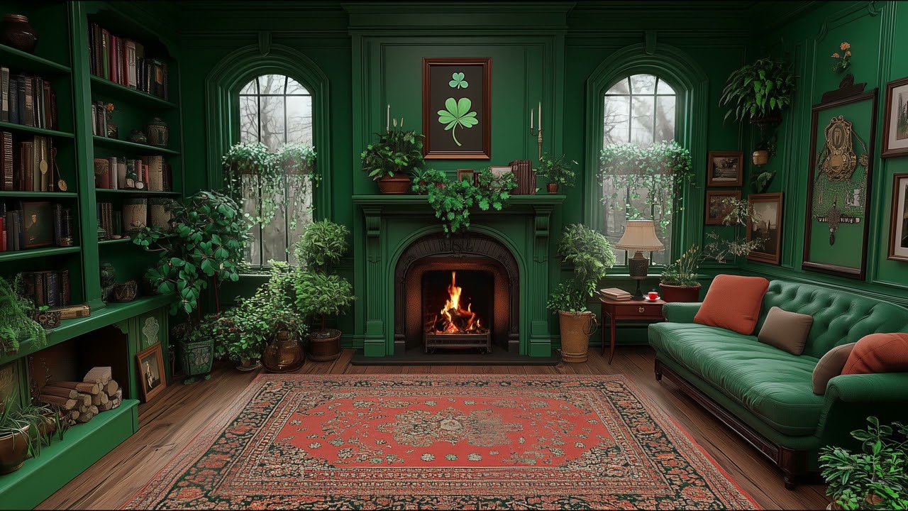 🍀  COZY ST. PATRICK'S DAY ESCAPE - Relaxing Crackling Fireplace & Green Reading Nook Ambience 🌈🎩