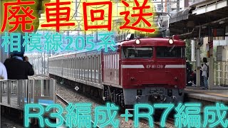 相模線205系廃車回送　EF81-139+R3編成+R7編成蓮田駅通過シーン