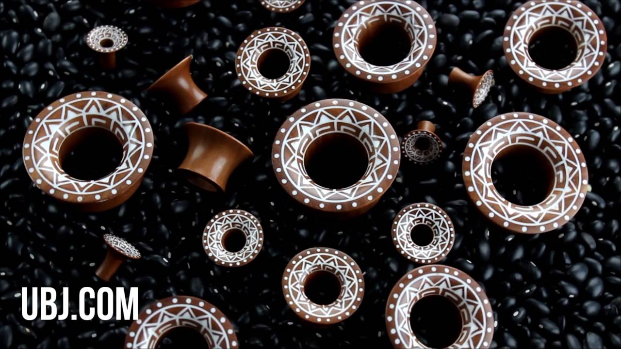 Saba Wood Mayan Flare Tunnels With Tribal Inlay (4G - 1 & 1/4