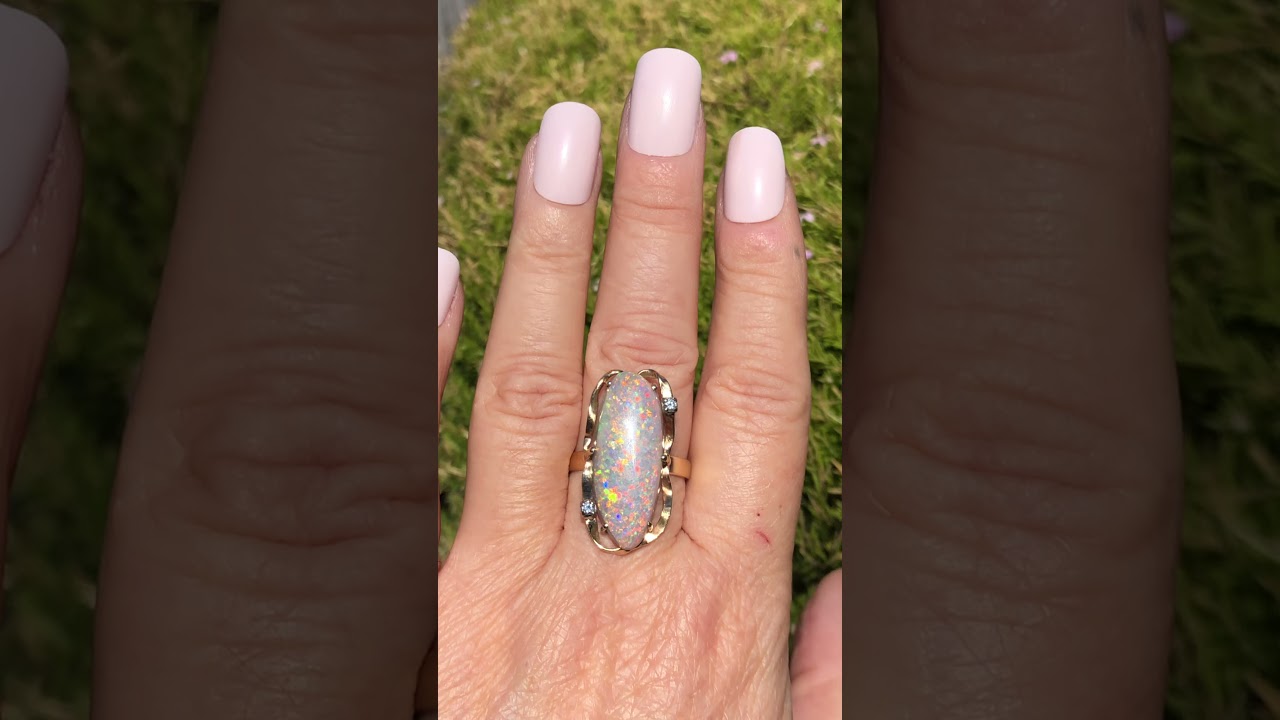 Vintage 9ct Yellow Gold Solid Coober Pedy ‘Pinfire’ Opal And Diamond Ring