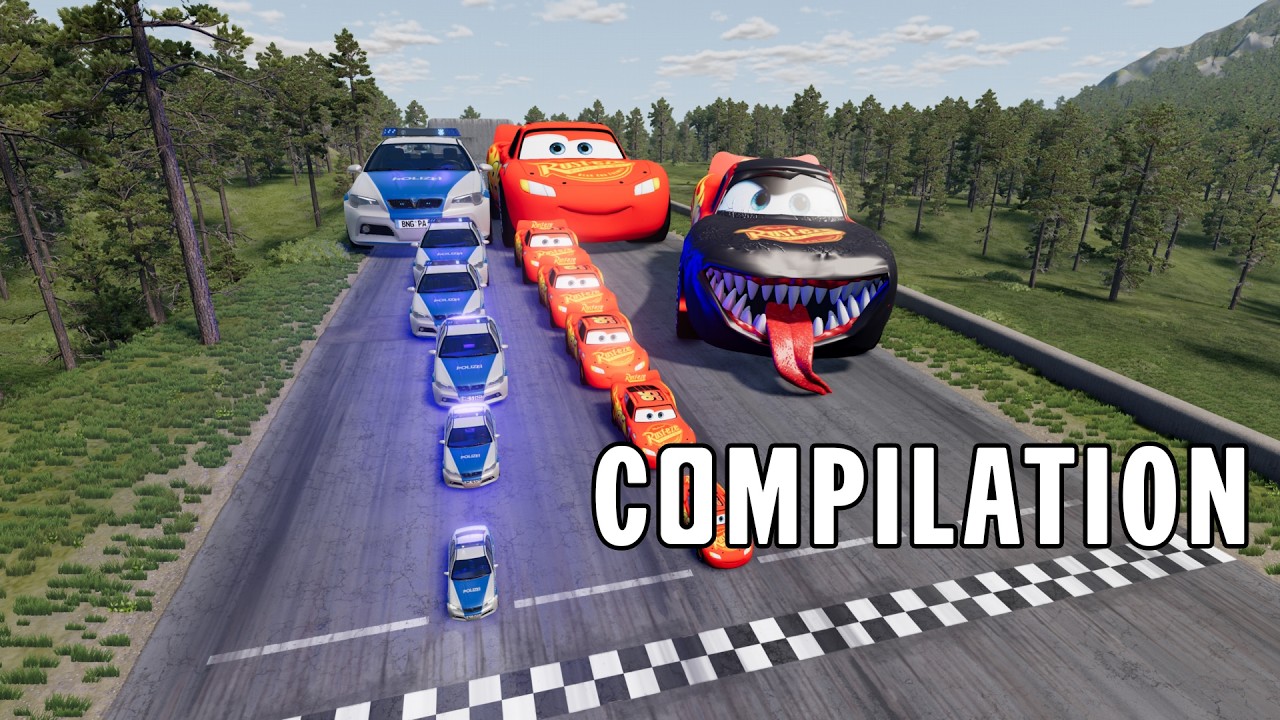 (COMPILATION) Big & Small McQueen & Police Car vs Zombie McQueen, Huge Pit Race - Beamng drive