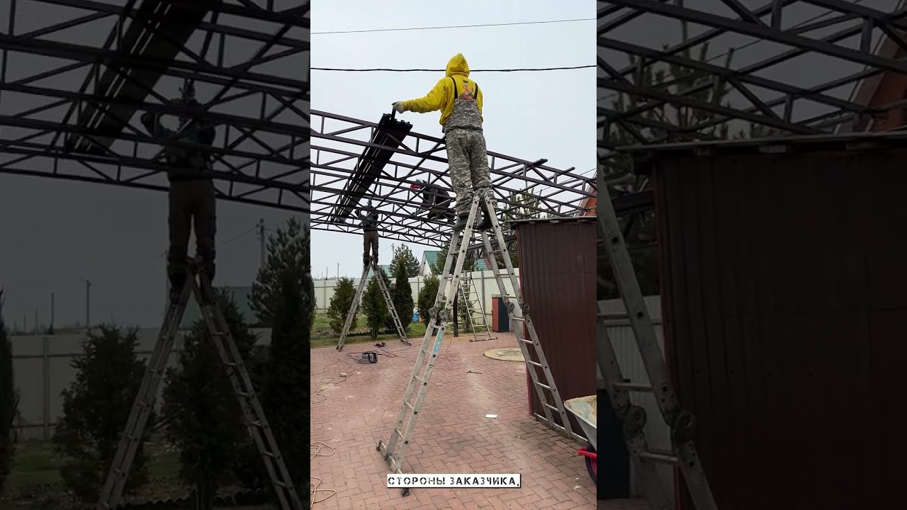 Навес для автомобилей к дому с кровлей из поликарбоната 7,5х6,5 Спецкаркас