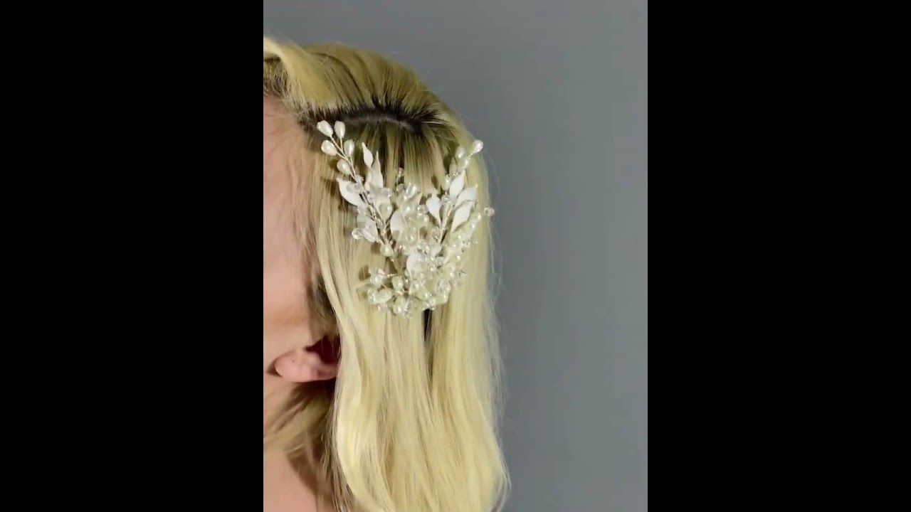 Wedding Hair Clip with Pearls, Enamel Leaves and Crystal Beads-HB376