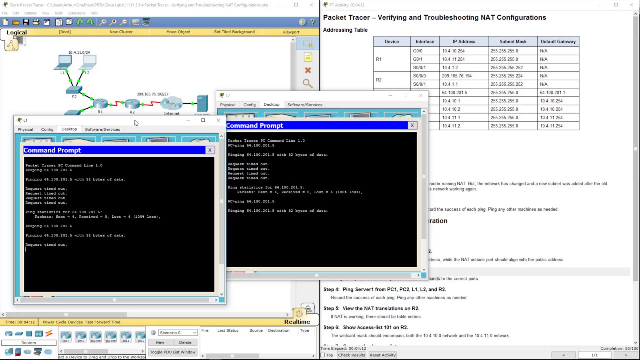 Lab 5.3.1.4 Packet Tracer - Verifying and Troubleshooting NAT Configurations