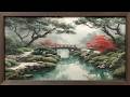 Japanese Zen Garden Painting | Framed Koi Pond &amp; Red Maple Art for TV Display | Peaceful Landscapes