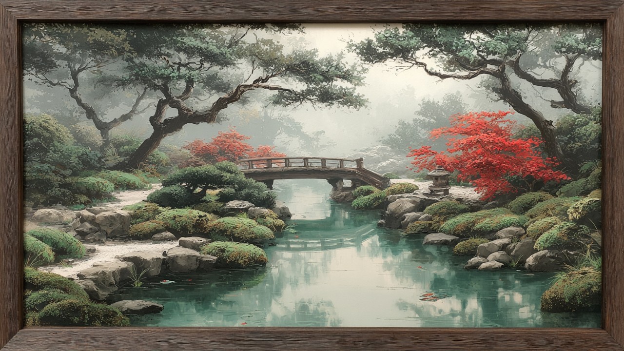 Japanese Zen Garden Painting | Framed Koi Pond & Red Maple Art for TV Display | Peaceful Landscapes