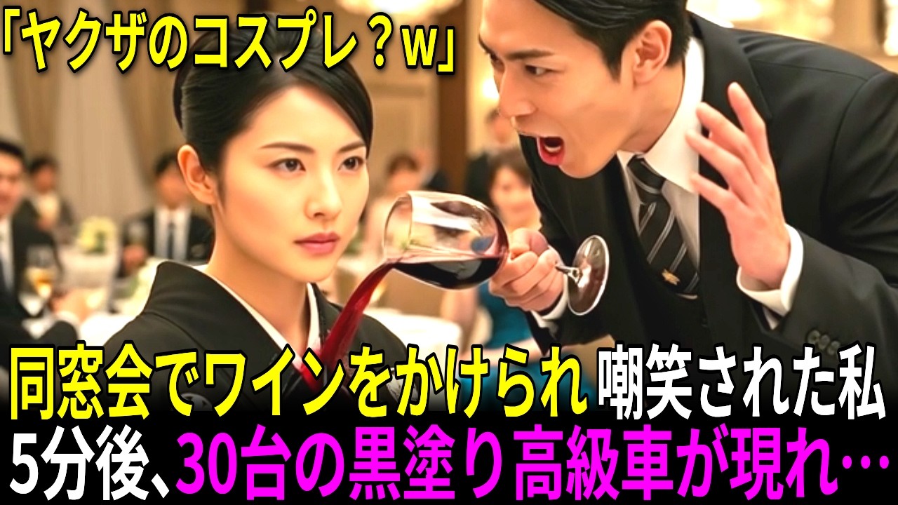 「ヤクザのコスプレ？w今すぐボディーガード呼んでみろよw」同窓会でワインをかけられ嘲笑された私。5分後、30台の黒塗り高級車が現れ…【スカッとする話】