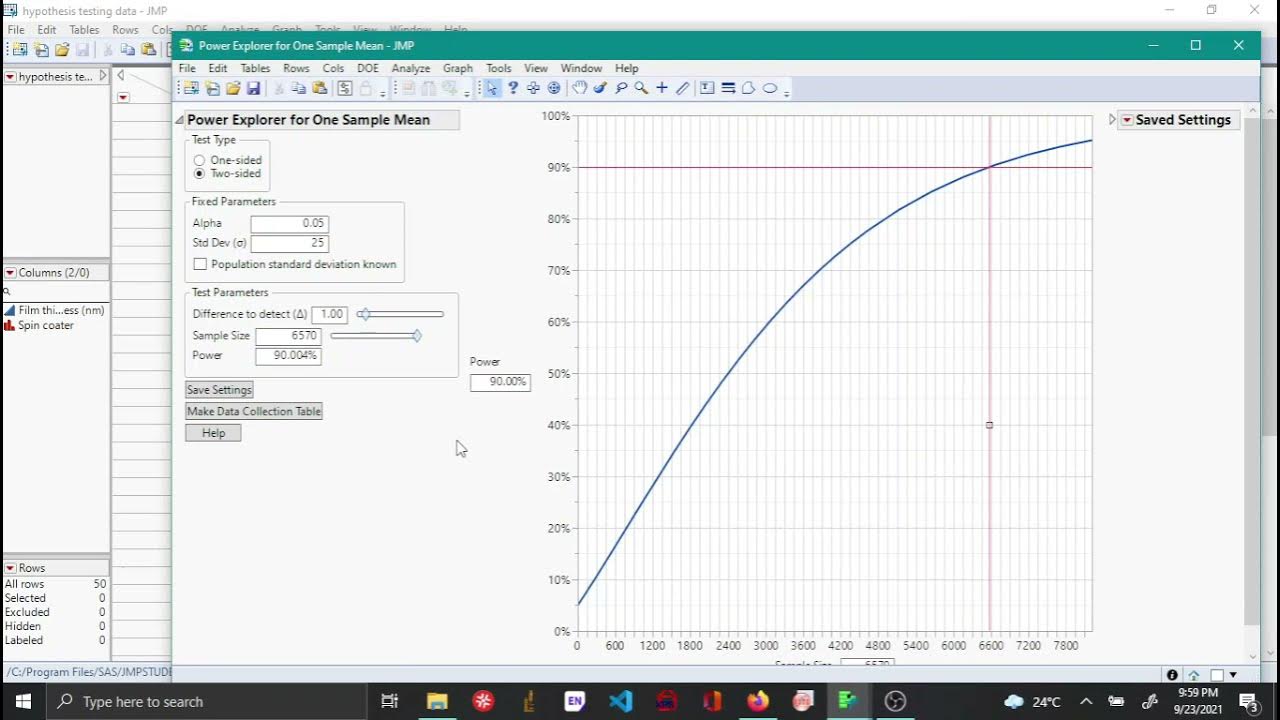 Hypothesis testing Sample size for 1 sample t test JMP YouTube