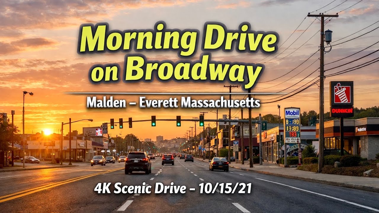 🚙 Morning Drive on Broadway | Malden  - Everett MA | 4K Scenic Drive - 10/15/21