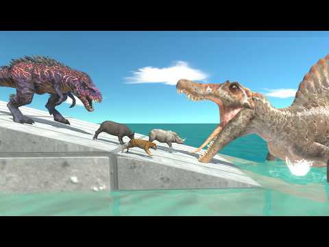 Escape the Half-Flooded Zigzag Tower - Can Animals  Survive T-Rex and Spinosaurus Attacks ?