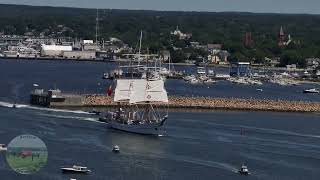 Aerial views of the NRP Sagres departure from New Bedford Harbor after a visit in July of 2026.