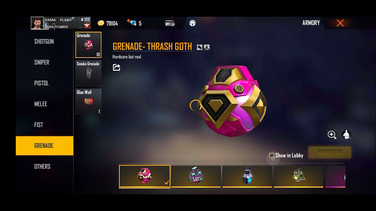 free fire grenade show in lobby first skin