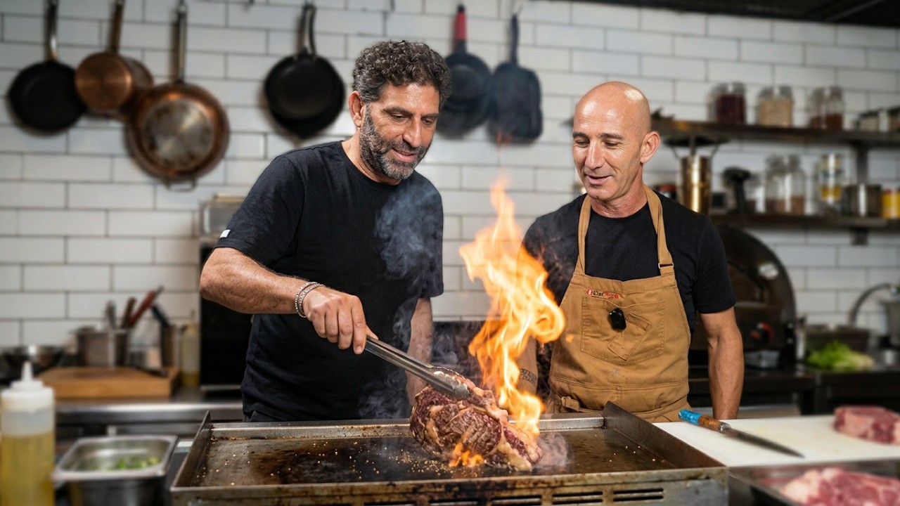 צליית האנטריקוט עם להבה גלויה ("אששש"), כשצ'ארלי ויוסי עומדים מעל הגריל בריכוז מלא