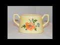 Vintage 1950s hand painted yellow double handle flower art pottery cup vase