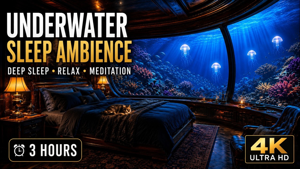 Sleep Library Underwater Library Sleep Ambience with a Cat | 3 Hours Deep Sleep ...