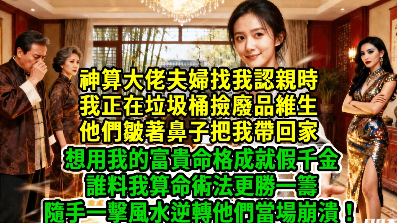 神算大佬夫婦找我認親時，我正在垃圾桶撿廢品維生，他們皺著鼻子把我帶回家，想用我的富貴命格成就假千金，誰料我算命術法更勝一籌，隨手一擊風水逆轉他們當場崩潰！#風起雲湧 #爽文