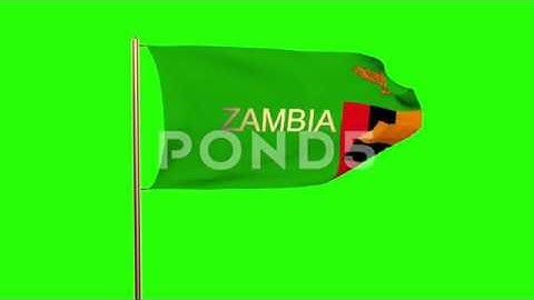 Zambia Flag With Title Waving In The Wind. Looping Sun Rises Style. Animation
