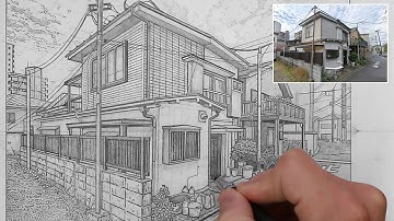 Drawing A Building In Two Points Perspective (Adachi City, Tokyo) - Drawing Timelapse ✏️