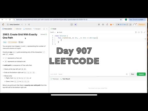 Day 907: LeetCode Problem 3963. Create Grid With Exactly One Path  -Swift