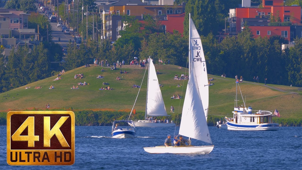 4K Урбан релакс видео - 3 часа | Звуки природы - Озеро Юнио, Сиэтл