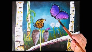 Butterfly Acrylic Painting Tutorial For Beginners Speed Painting With Cocoon's and Birch Tress