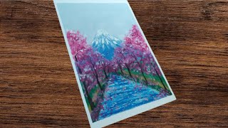 oil pastel drawing #87 - CARA MENGGAMBAR gunung Fuji dan bunga sakura - UNTUK PEMULA
