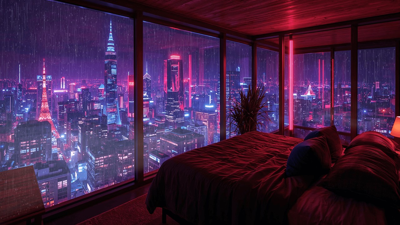 Lofi Rainy Nights 🌧️ – Soft Ambient Bedroom with Cyber City View for ...