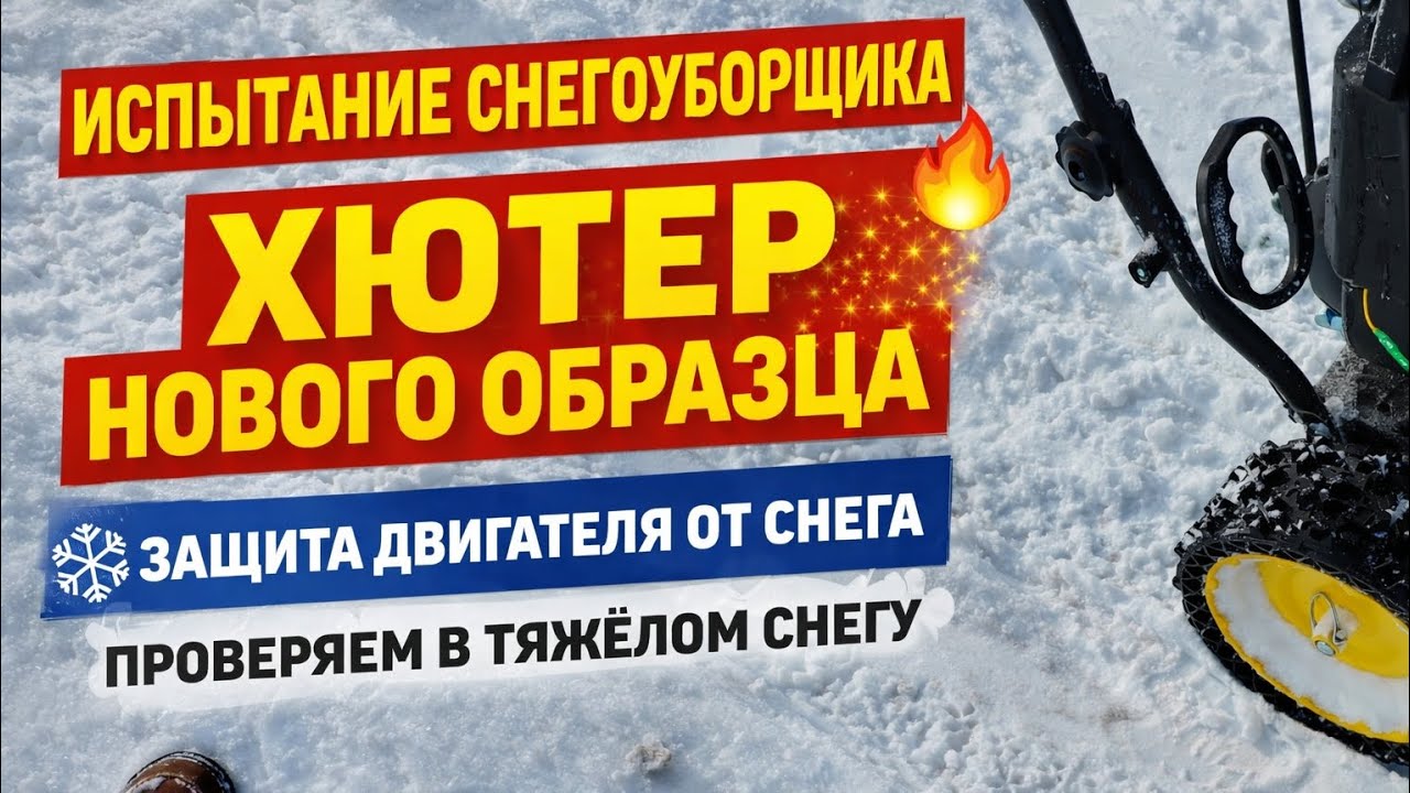 Испытания снегоуборщика Хютер нового образца, с защитой двигателя от снега, в работе...