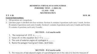 PT-1 Question Paper / Class-8 Maths Previous Year Periodic Test Paper of Kendriya Vidyalaya (KV)